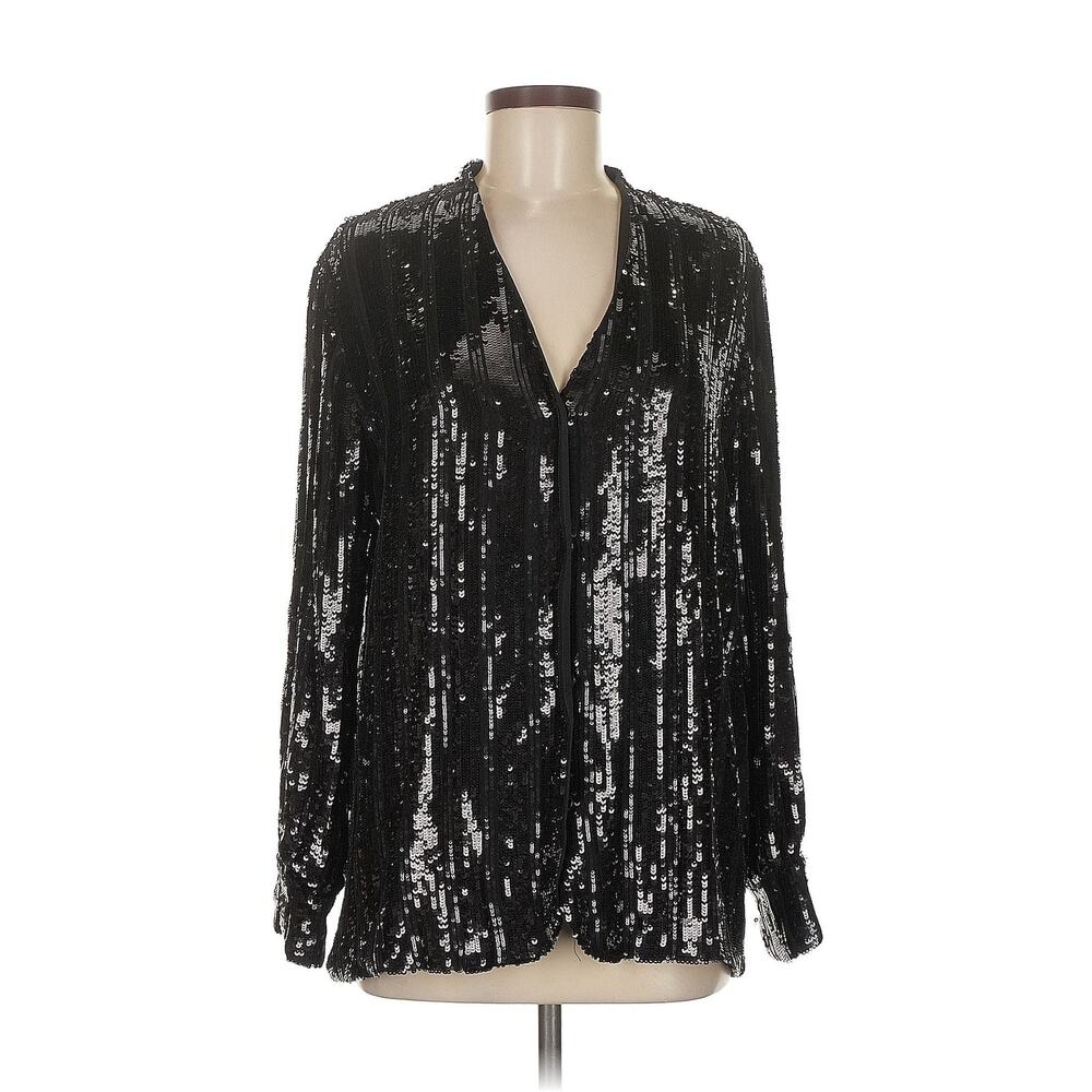 Sally LaPointe Striped Sequin Blouse Black Collarless V-Neck Evening Top Size 6